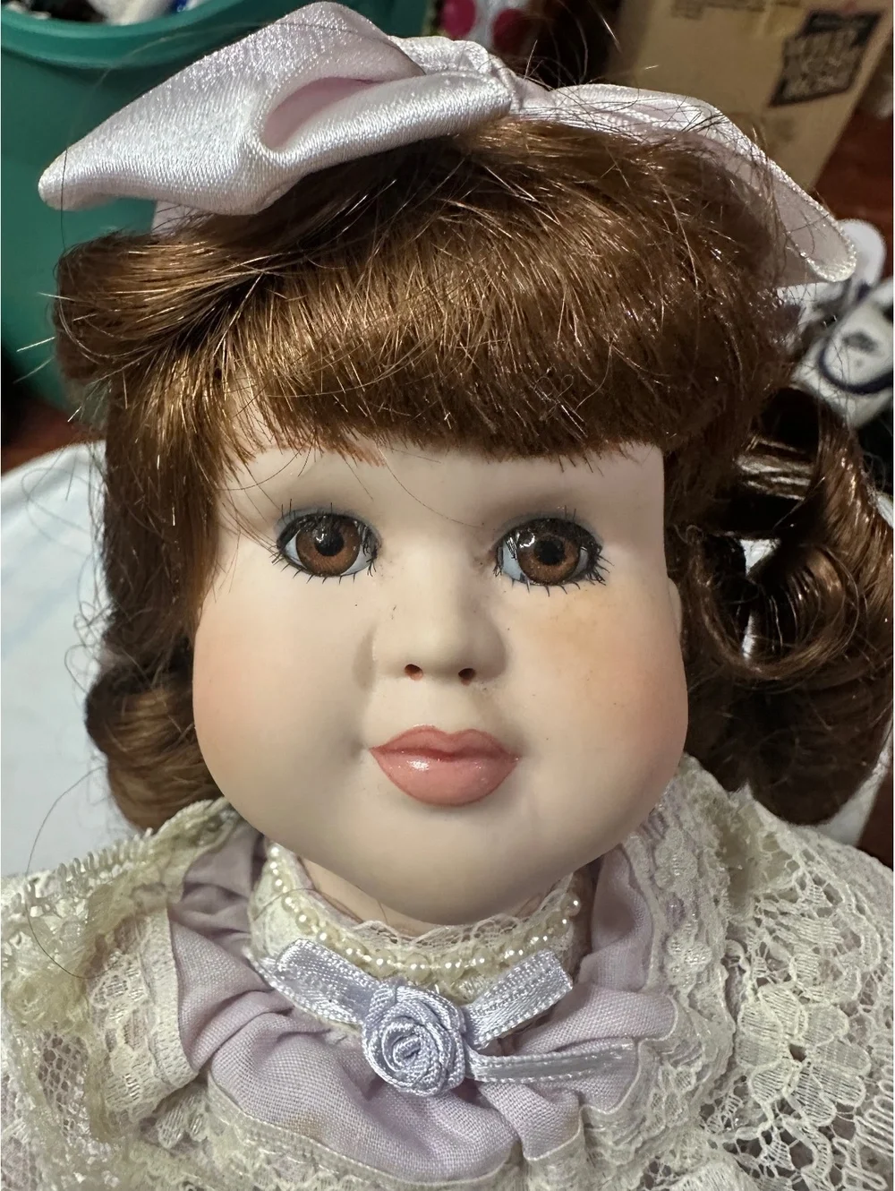 Vintage Porcelain Doll with Lavender Dress and Lace Details